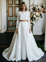 White Satin Long Sleeve Wedding Dress