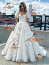 White Tulle Puff Sleeve Bow Prom Dress