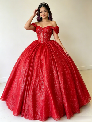 Red Sequins Off the Shoulder Quinceanera Dress