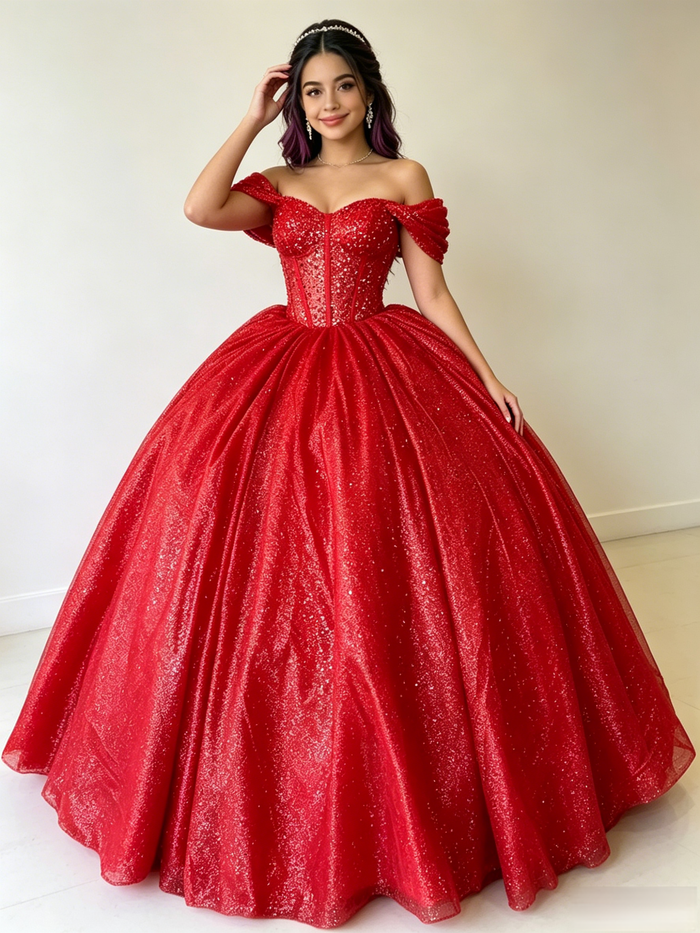 Red Sequins Off the Shoulder Quinceanera Dress