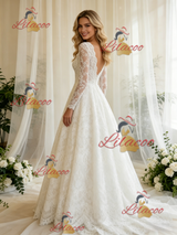 White Lace V-neck Long Sleeve Wedding Dress