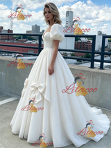 White Tulle Puff Sleeve Bow Prom Dress