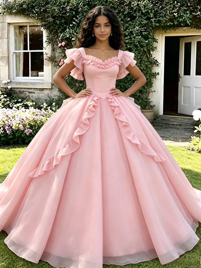 Pink Tulle Straps Quinceanera Dress