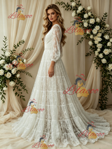 White Lace V-neck Long Sleeve Wedding Dress