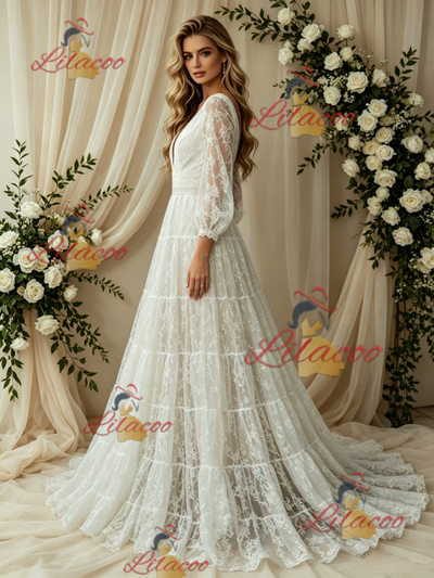 White Lace V-neck Long Sleeve Wedding Dress