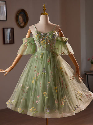 Green Tulle Embroidery Straps Homecoming Dress