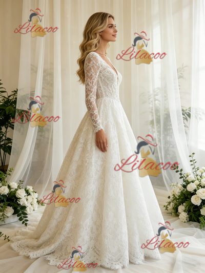 White Lace V-neck Long Sleeve Wedding Dress