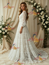 White Lace V-neck Long Sleeve Wedding Dress