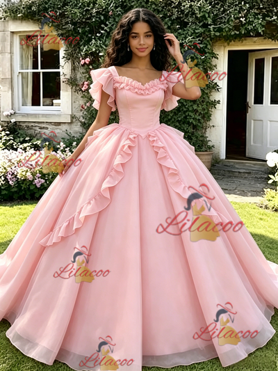 Pink Tulle Straps Quinceanera Dress