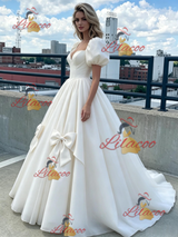 White Tulle Puff Sleeve Bow Prom Dress