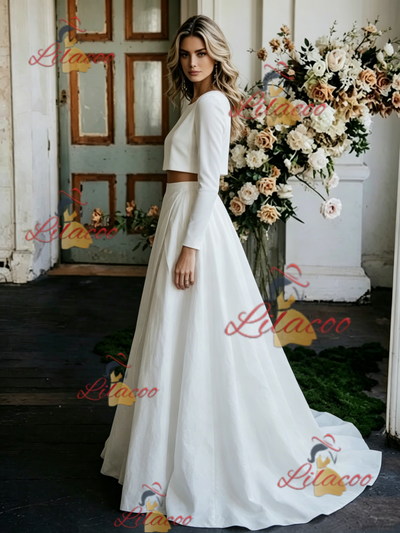 White Satin Long Sleeve Wedding Dress