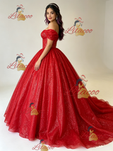 Red Sequins Off the Shoulder Quinceanera Dress
