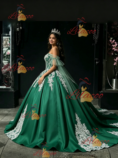 Green Satin Off the Shoulder Appliques Quinceanera Dress