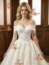 Ivory Lace Short Sleeve Off the Shoulder Wedding Dress