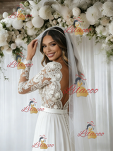 White Chiffon Appliques Long Sleeve Wedding Dress