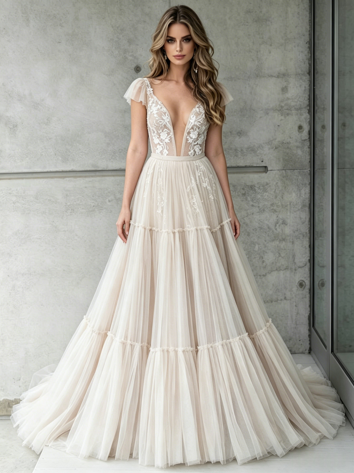 Ivory Tulle Lace V-neck Backless Wedding Dress