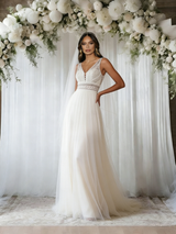 Beige White Tulle V-neck Wedding Dress