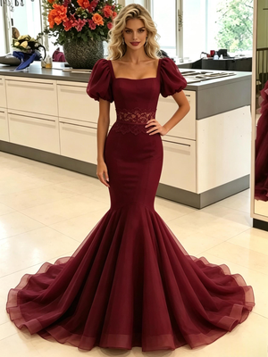 Burgundy Mermaid Tulle Puff Sleeve Prom Dress