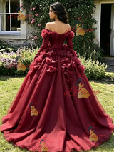 Burgundy Tulle Long Sleeve 3D Flower Quinceanera Dress