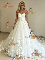White Tulle Spaghetti Straps Butterfly Wedding Dress