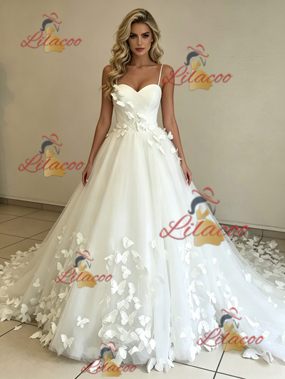 White Tulle Spaghetti Straps Butterfly Wedding Dress