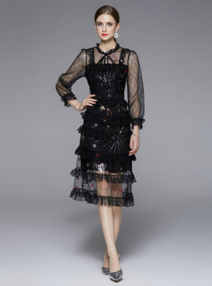 Sequined Embroidered Star Lace Slim Mesh Dress