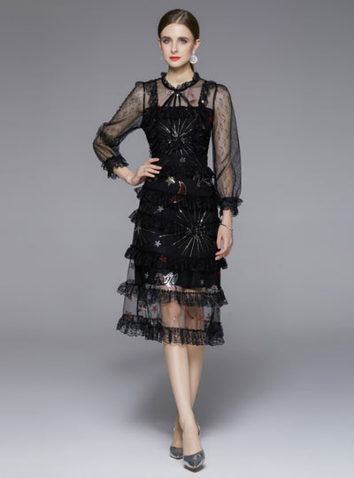 Sequined Embroidered Star Lace Slim Mesh Dress