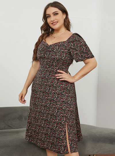 Square Neck Split Long Floral Dress