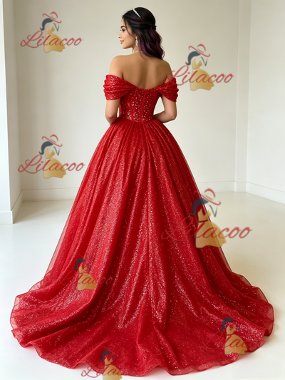 Red Sequins Off the Shoulder Quinceanera Dress