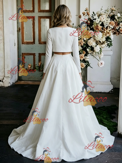 White Satin Long Sleeve Wedding Dress