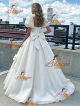 White Tulle Puff Sleeve Bow Prom Dress