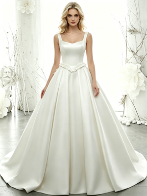 White Satin Straps Flower Wedding Dress