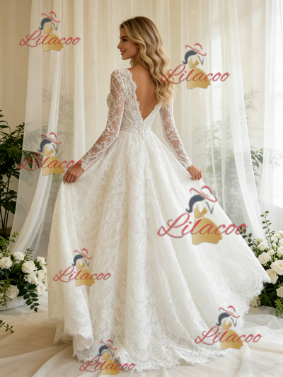 White Lace V-neck Long Sleeve Wedding Dress