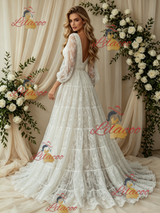 White Lace V-neck Long Sleeve Wedding Dress