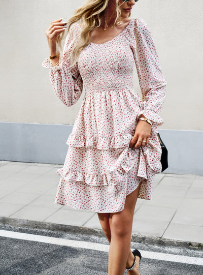 Holiday Leisure Floral V-neck Long Sleeve Dress