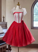 Red Tulle Sequins Straps Flower Homecoming Dress