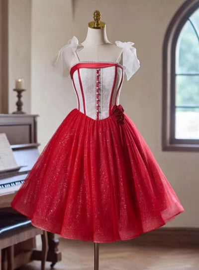 Red Tulle Sequins Straps Flower Homecoming Dress