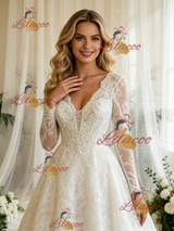 White Lace V-neck Long Sleeve Wedding Dress