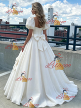 White Tulle Puff Sleeve Bow Prom Dress