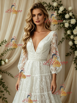 White Lace V-neck Long Sleeve Wedding Dress