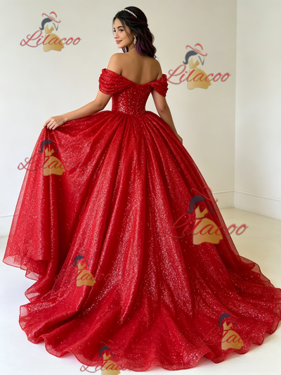 Red Sequins Off the Shoulder Quinceanera Dress