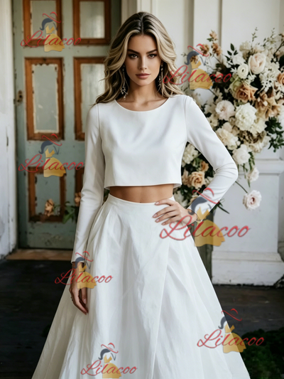 White Satin Long Sleeve Wedding Dress