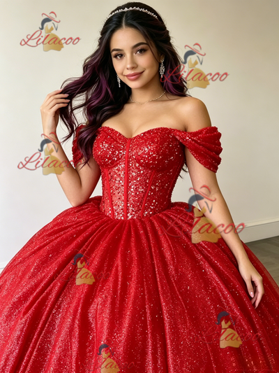 Red Sequins Off the Shoulder Quinceanera Dress