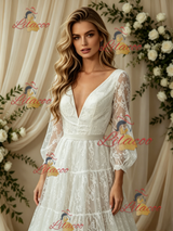 White Lace V-neck Long Sleeve Wedding Dress