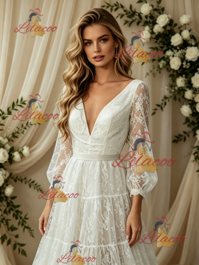 White Lace V-neck Long Sleeve Wedding Dress
