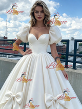 White Tulle Puff Sleeve Bow Prom Dress