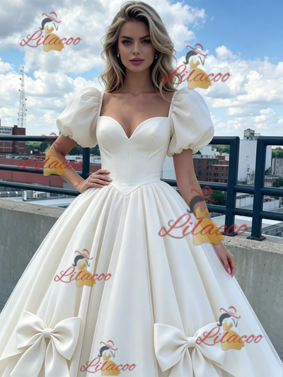 White Tulle Puff Sleeve Bow Prom Dress