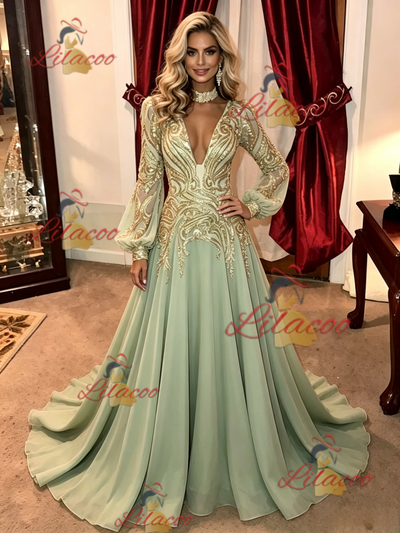 Green Chiffon Sequins Long Sleeve Prom Dress
