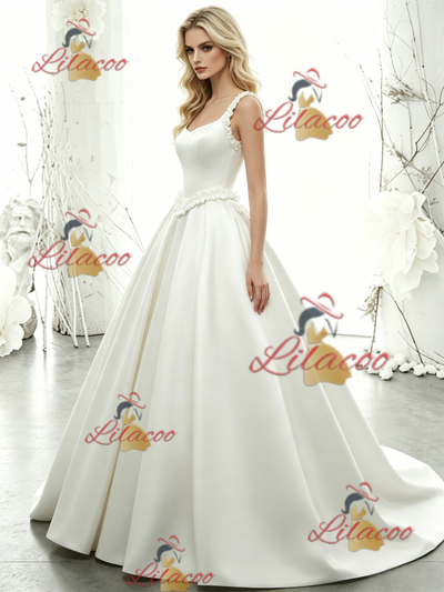 White Satin Straps Flower Wedding Dress