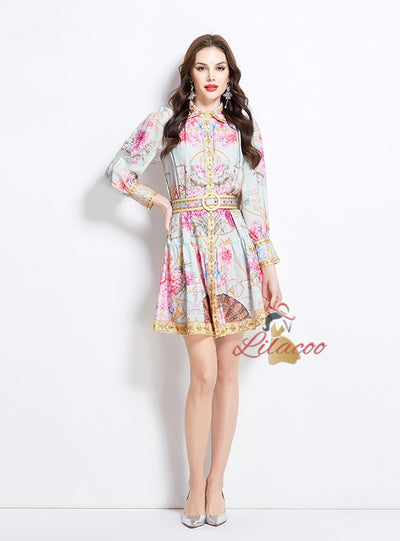 Retro Lapel Breasted Lantern Sleeve Printed Dress